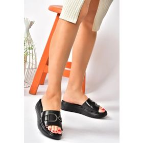 Fox Shoes P291049403 Siyah Hakiki Deri Yüksek Tabanlı Günlük Kadın Terlik