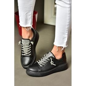 Fox Shoes P602001709 Siyah Taşlı Bağcıklı Kadın Spor Ayakkabı Sneakers