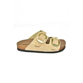 Fox Shoes P7775174 02 Süet Çift Bantlı Bej Kadın Terlik