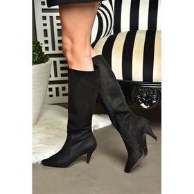 Fox Shoes R372453002 Siyah Süet İnce Topuklu Kadın Çizme