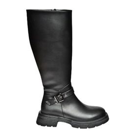 Fox Shoes R518096809 Siyah Suni Deri Fermuarlı Alçak Topuklu Kadın Çizme