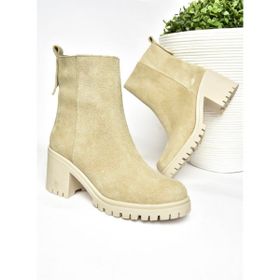 Fox Shoes R654006502 Bej Hakiki Deri Süet Kalın Topuklu Kadın Bot