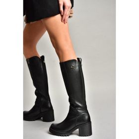 Fox Shoes R654034003 Siyah Gerçek Deri Kalın Topuklu Kadın Çizme