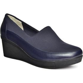 Fox Shoes R908059003 Lacivert Hakiki Deri Dolgu Topuklu Kadın Ayakkabı