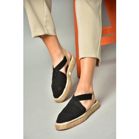 Fox Shoes S4040101 06 Dantel Kumaş Espadril Siyah Kadın Sandalet