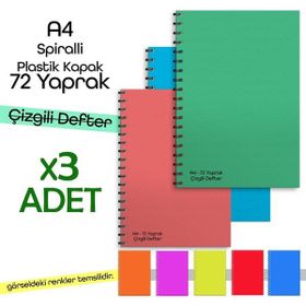 Fragman Yayınları A4 72 Yaprak 3 Adet Plastik Kapak Spiralli Çizgili Okul Defteri + Planlayıcı
