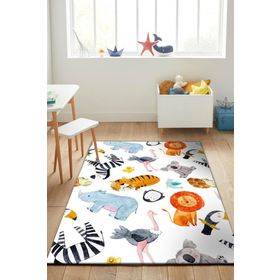 Frenda Home 100x300 cm Beyaz Hayvanlar Alemi Desenli Kaymaz Deri Taban Anaokulu Kreş Halısı