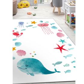 Frenda Home Beyaz 140x200 Okyanus Desenli Kaymaz Deri Taban Çocuk Halısı