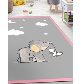 Frenda Home Pembe 180x280 Fil Desenli Kaymaz Deri Taban Çocuk ve Bebek Odası Halısı