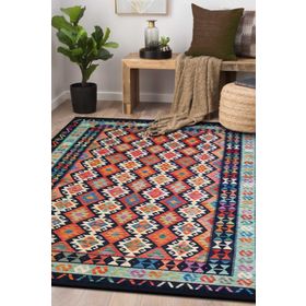 Frenda Home Renkli Kilim Desen Pamuk Taban Siyah 80x200 cm Salon Halı