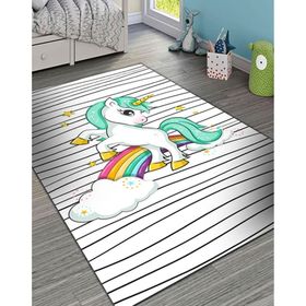 Frenda Home Unicorn Desenli Kaymaz Deri Taban Beyaz 100x200 Çocuk Halısı