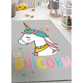 Frenda Home Unicorn Desenli Kaymaz Deri Taban Gri 120x180 Kız Çocuk Halısı