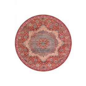 Frenda Home Vintage Desenli Kırmızı 140x140 Pamuk Taban Dekoratif Yuvarlak Halı