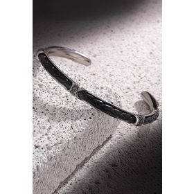 FRNCH FRJ11165-1265-BB Zirkon Taşlı Gerçek Deri Detaylı Handmade Erkek Kelepçe Bileklik