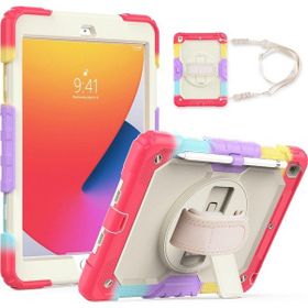 Fuchsia Apple iPad 9.7 inç 2017 / 2018 5./6. Nesil Uyumlu Ekran Koruyuculu Kalemlikli Gökkuşağı Renkli Strap 360° Dönebilen Kırmızı Tablet Kılıfı