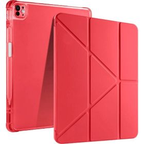 Fuchsia iPad Pro 13 2024 Uyumlu Kalem Bölmeli Akıllı Uyku Modlu Trifolding A2925/A2926 Kırmızı Tablet Kılıfı