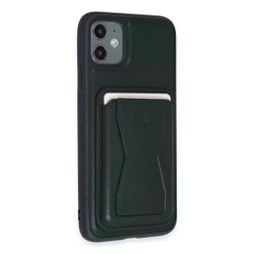 Fuchsia İphone 11 İle Uyumlu Kılıf Hd Deri Luxury Magnet Kartvizitli Koyu Yeşil Kapak