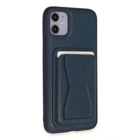 Fuchsia İphone 11 İle Uyumlu Kılıf Hd Deri Luxury Magnet Lacivert Kartvizitli Kapak