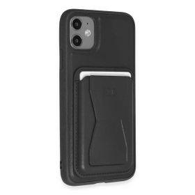Fuchsia İphone 11 İle Uyumlu Kılıf Hd Deri Luxury Magnet Siyah Kartvizitli Kapak