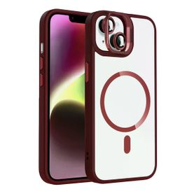 Fuchsia İphone 14 İle Uyumlu Remim Bordo Lensli Kablosuz Şarj Özellikli Standlı Kapak