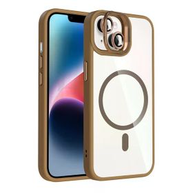 Fuchsia İphone 14 İle Uyumlu Remim Kahverengi Lensli Kablosuz Şarj Özellikli Standlı Kapak
