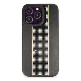 Fuchsia İphone 14 Pro İle Uyumlu Hbc-160 Almera Taşlı Kapak Siyah Kılıf