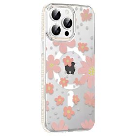 Fuchsia İphone 14 Pro Max İle Uyumlu Floral Pembe Kablosuz Şarj Özellikli Kapak