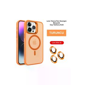 Fuchsia İphone 14 Pro Max İle Uyumlu Kılıf Flet Lens Turuncu Kablosuz Şarj Özellikli Kapak