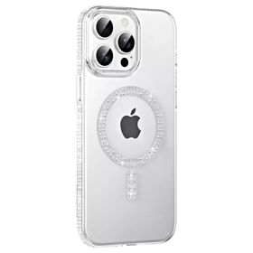 Fuchsia İphone 14 Pro Max İle Uyumlu Move Gümüş Taşlı Kablosuz Şarj Özellikli Kapak