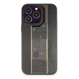 Fuchsia İphone 14 Pro Max Uyumlu Hbc-160 Almera Taşlı Siyah Kılıf