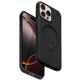 Fuchsia İphone 14 Pro Max Uyumlu Vapor Siyah Deri Kablosuz Şarj Özellikli Standlı Kılıf