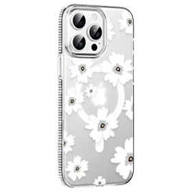 Fuchsia İphone 15 Pro İle Uyumlu Floral Beyaz Kablosuz Şarj Özellikli Kapak