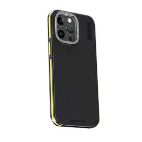 Fuchsia İphone 15 Pro İle Uyumlu Kılıf Aramid 600D Kevlar Sarı Karbon Fiber Kablosuz Şarj Özellikli Kapak