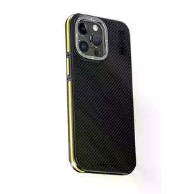 Fuchsia İphone 15 Pro İle Uyumlu Kılıf Aramid 600D Kevlar Sarı Karbon Fiber Kablosuz Şarj Özellikli Kapak