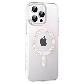 Fuchsia İphone 15 Pro İle Uyumlu Move Gümüş Taşlı Kablosuz Şarj Özellikli Kapak