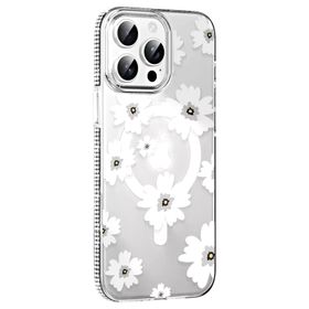 Fuchsia İphone 15 Pro Max İle Uyumlu Floral Beyaz Kablosuz Şarj Özellikli Kapak