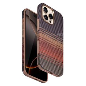 Fuchsia İphone 15 Pro Max İle Uyumlu Hbc-377 Kevlar Slim Gün Batımı Kablosuz Şarj Özellikli Kapak