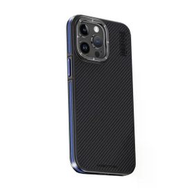 Fuchsia İphone 15 Pro Max İle Uyumlu Kılıf Aramid 600D Kevlar Lacivert Karbon Fiber Kablosuz Şarj Özellikli Kapak