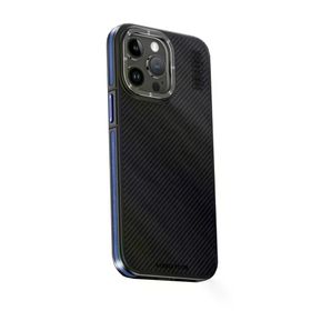 Fuchsia İphone 15 Pro Max İle Uyumlu Kılıf Aramid 600D Kevlar Lacivert Karbon Fiber Kablosuz Şarj Özellikli Kapak