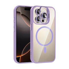 Fuchsia İphone 15 Pro Max İle Uyumlu Remim Lila Lensli Kablosuz Şarj Özellikli Standlı Kapak