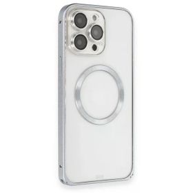 Fuchsia İphone 15 Pro Max Uyumlu Metal Bumper Magneticsafe Gri Kılıf