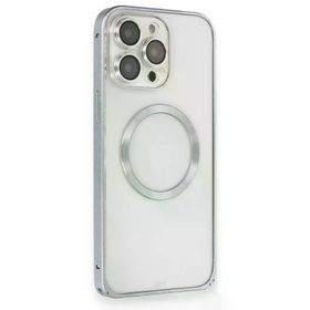 Fuchsia İphone 15 Pro Max Uyumlu Metal Bumper Magneticsafe Gri Kılıf