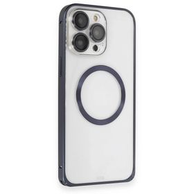 Fuchsia İphone 15 Pro Max Uyumlu Metal Bumper Magneticsafe Lacivert Kılıf