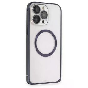 Fuchsia İphone 15 Pro Max Uyumlu Metal Bumper Magneticsafe Lacivert Kılıf