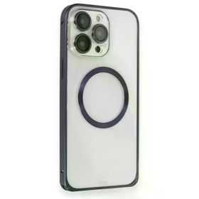 Fuchsia İphone 15 Pro Max Uyumlu Metal Bumper Magneticsafe Lacivert Kılıf