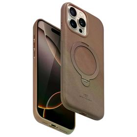 Fuchsia İphone 15 Pro Max Uyumlu Vapor Gold Deri Kablosuz Şarj Özellikli Standlı Kılıf