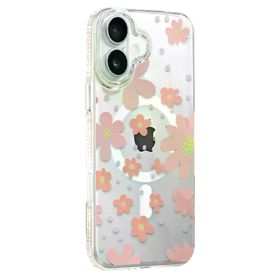 Fuchsia İphone 16 İle Uyumlu Floral Pembe Kablosuz Şarj Özellikli Kapak