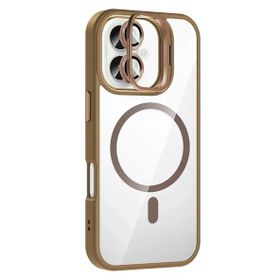 Fuchsia İphone 16 İle Uyumlu Plus Remim Kahverengi Lensli Kablosuz Şarj Özellikli Standlı Kapak