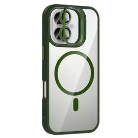 Fuchsia İphone 16 İle Uyumlu Remim Lensli Koyu Yeşil Kablosuz Şarj Özellikli Standlı Kapak