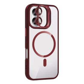 Fuchsia İphone 16 Plus İle Uyumlu Remim Lensli Bordo Kablosuz Şarj Özellikli Standlı Kapak